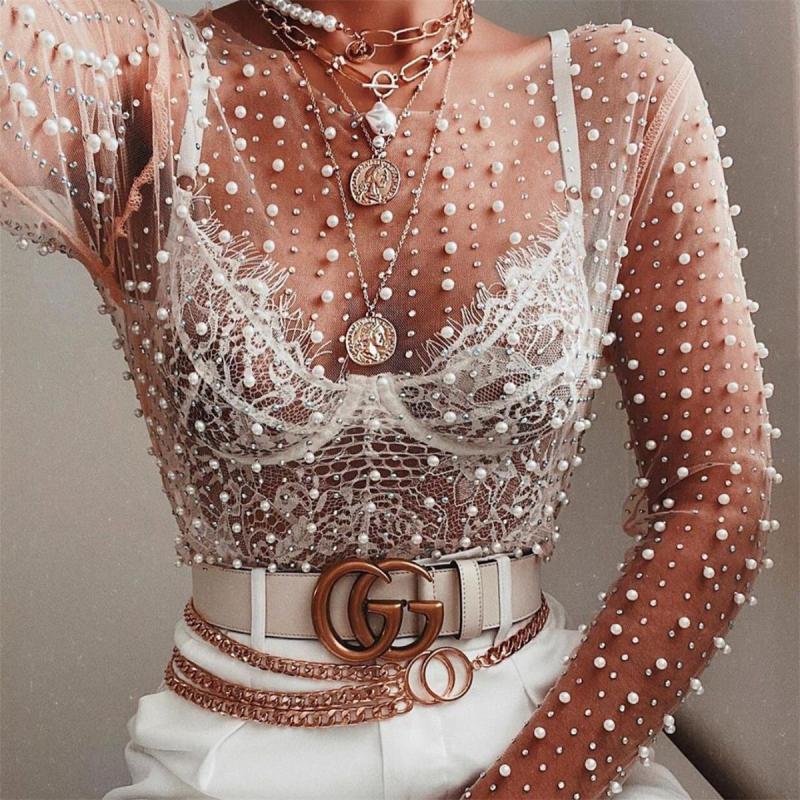Beige Lace Long Sleeve Hollow Rhinestone Sexy Crop Tops with Pearls