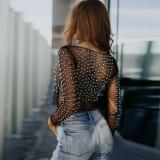 Black Lace Long Sleeve Hollow Rhinestone Sexy Crop Tops with Pearls