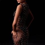 Black Sleeveless Mesh Hollow Out Pearls Sexy See Through Long Dress