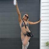 White Sleeveless Mesh Hollow Out Pearls Sexy See Through Long Dress