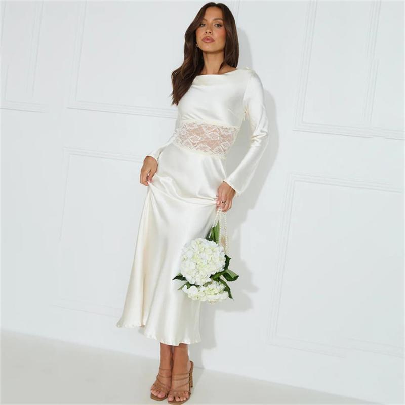 White Women Long Sleeve Satin Hollow Lace Prom Party Long Dress