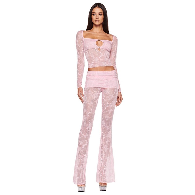 Long Sleeve Hollow Out Lace Two Pieces Straight Pant Sets Pink