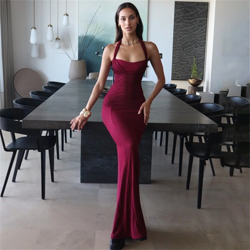 Red Straps Mesh Hollow Out Evening Bodycon Formal Maxi Dress