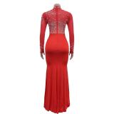 Red Mesh Long Sleeve Rhinestone with Pearls Bodycon Wedding Sexy Long Dress