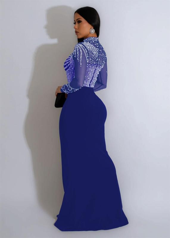 Blue Mesh Long Sleeve Rhinestone with Pearls Bodycon Wedding Sexy Long Dress