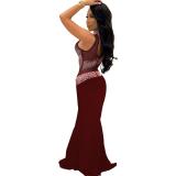 Claret One Sleeve Mesh Rhinestone Slim Evening Party Prom Maxi Dress