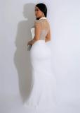 White Mesh Long Sleeve Rhinestone with Pearls Bodycon Wedding Sexy Long Dress