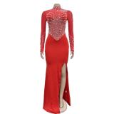 Red Mesh Long Sleeve Rhinestone with Pearls Bodycon Wedding Sexy Long Dress