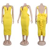 Yellow Straps Deep V Neck Solid Backless Bow Tie Office Midi Dress