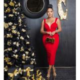 Red Straps Deep V Neck Solid Backless Bow Tie Office Midi Dress