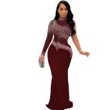 Claret One Sleeve Mesh Rhinestone Slim Evening Party Prom Maxi Dress