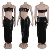 Black Sleeveless Sexy Metal Button Tops Two Pieces Zipper Leather Midi Dress