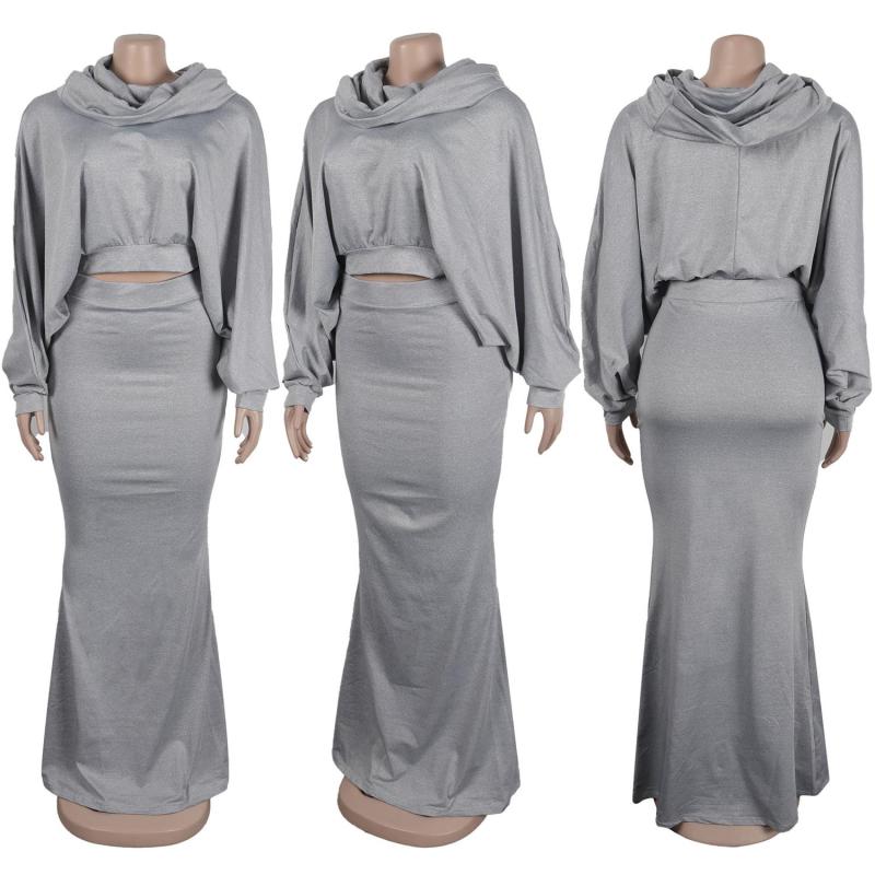 Gray Long Sleeve Hooded Tops Slim Fit Casual Vintage Long Dress Sets