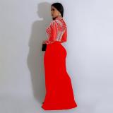 Red Mesh Long Sleeve Rhinestone with Pearls Bodycon Wedding Sexy Long Dress