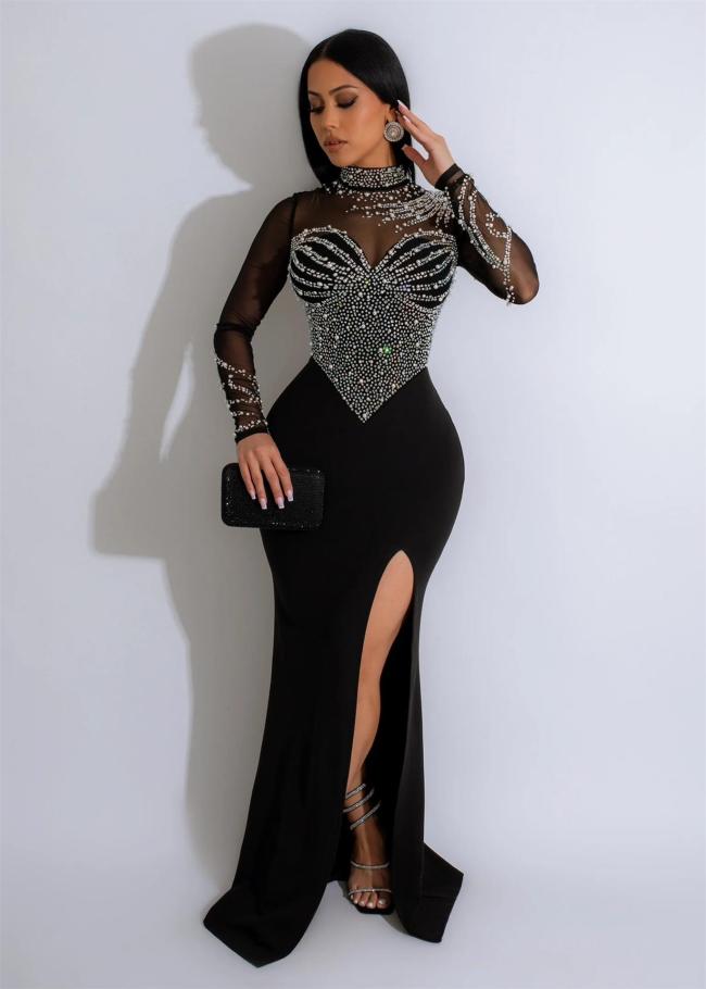 Black Mesh Long Sleeve Rhinestone with Pearls Bodycon Wedding Sexy Long Dress