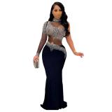 Black One Sleeve Mesh Rhinestone Slim Evening Party Prom Maxi Dress