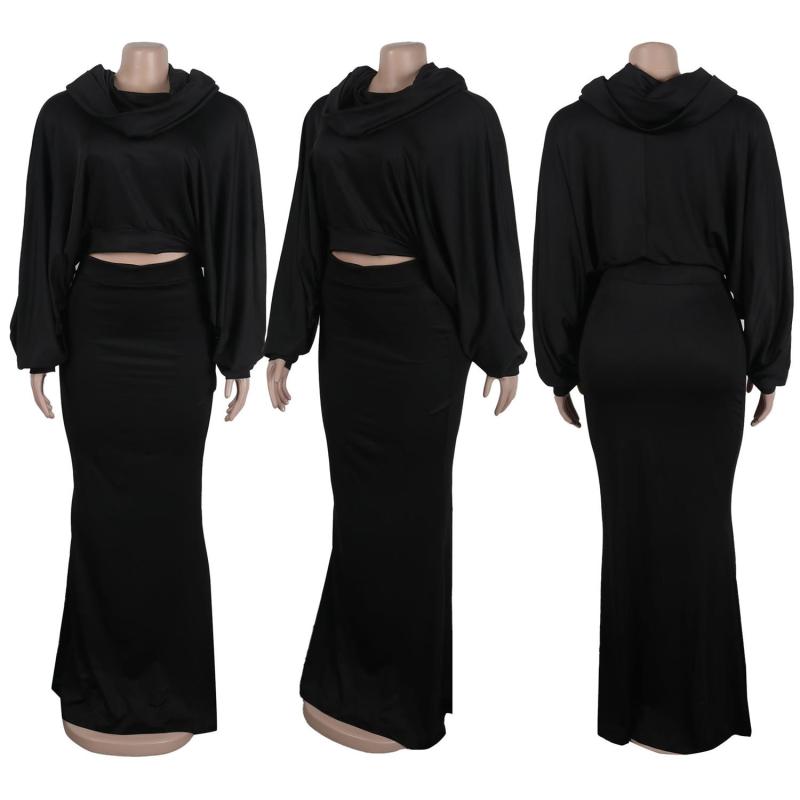 Black Long Sleeve Hooded Tops Slim Fit Casual Vintage Long Dress Sets