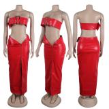 Red Sleeveless Sexy Metal Button Tops Two Pieces Zipper Leather Midi Dress