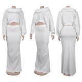 White Long Sleeve Hooded Tops Slim Fit Casual Vintage Long Dress Sets