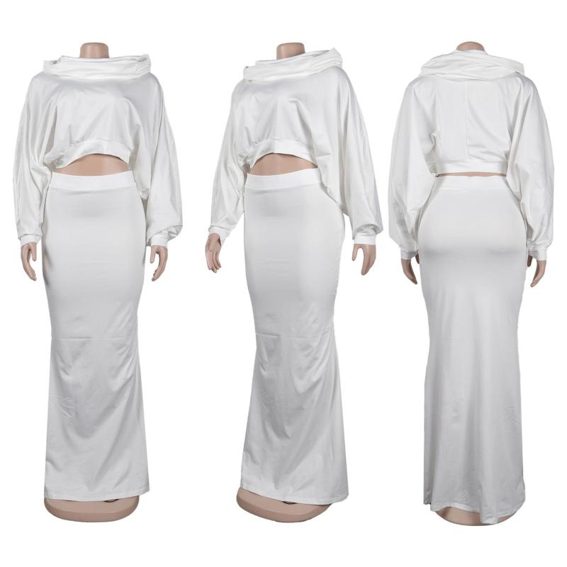 White Long Sleeve Hooded Tops Slim Fit Casual Vintage Long Dress Sets