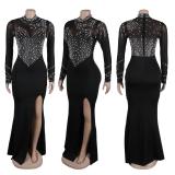 Black Mesh Long Sleeve Rhinestone with Pearls Bodycon Wedding Sexy Long Dress