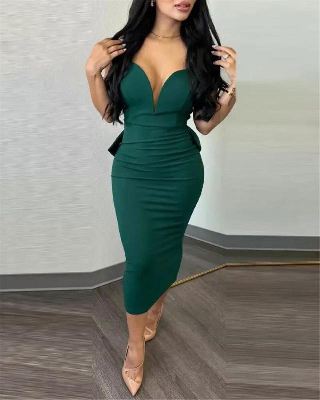 Green Straps Deep V Neck Solid Backless Bow Tie Office Midi Dress
