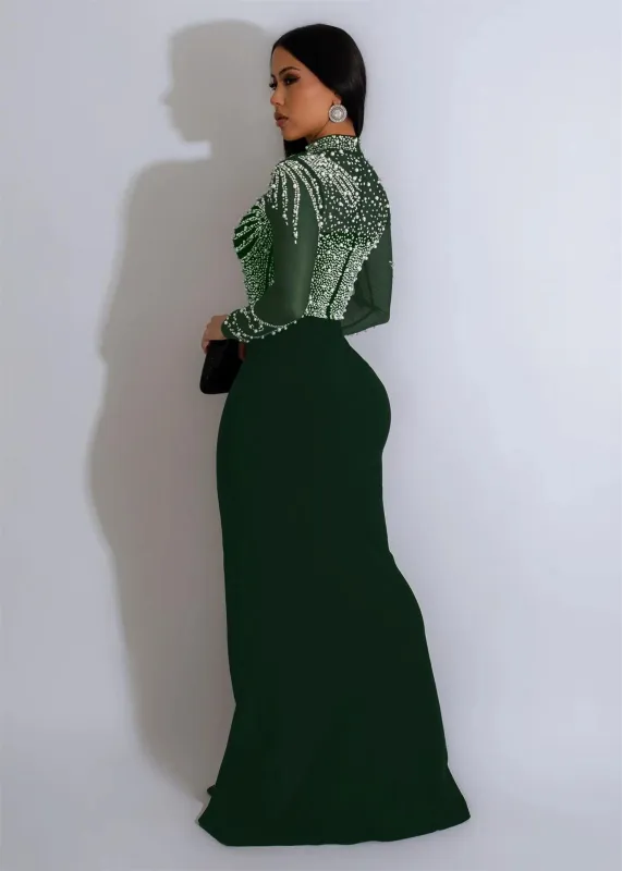 Green Mesh Long Sleeve Rhinestone with Pearls Bodycon Wedding Sexy Long Dress