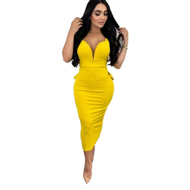 Yellow Straps Deep V Neck Solid Backless Bow Tie Office Midi Dress