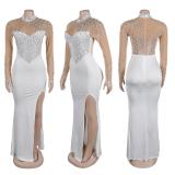 White Mesh Long Sleeve Rhinestone with Pearls Bodycon Wedding Sexy Long Dress