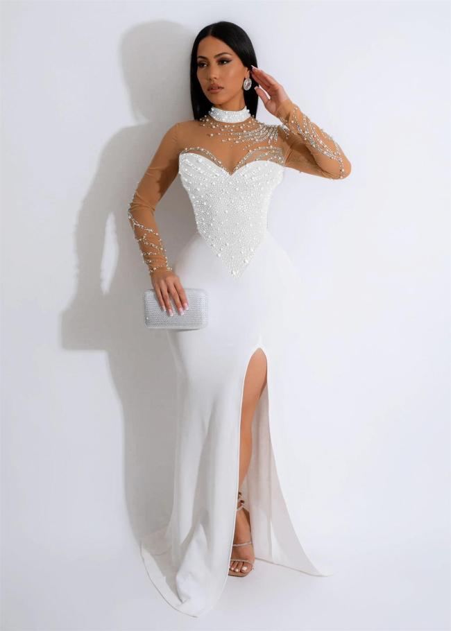 White Mesh Long Sleeve Rhinestone with Pearls Bodycon Wedding Sexy Long Dress