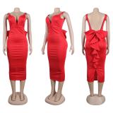 Red Straps Deep V Neck Solid Backless Bow Tie Office Midi Dress