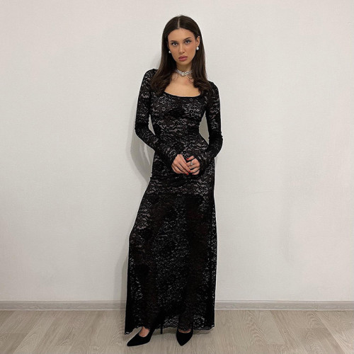 Black Long Sleeve Lace Hollow Out Women Party Sexy Maxi Club Dress