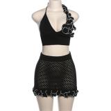 Black Knitting Lacy Two Pieces Halter Crop Tops Sexy Skirt Dress Sets