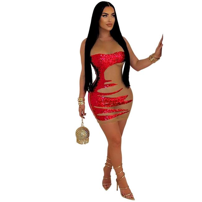 Red Mesh Long Sleeve Sequins Sexy Club Mini Dress