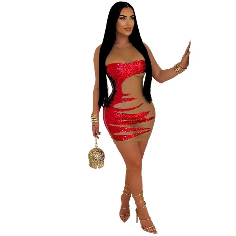 Red Mesh Long Sleeve Sequins Sexy Club Mini Dress