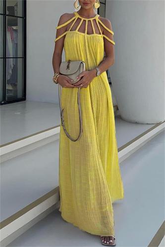 Yellow Drawstring Fashion Sleeveless Loose Fit Catsuit Dress