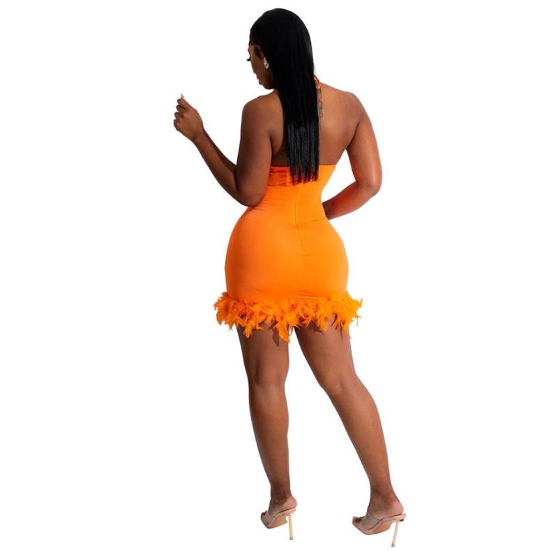 Orange Straps Mesh Sequins See Through Feather Evening Mini Dress