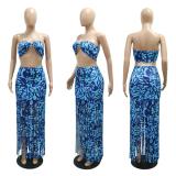 Blue Two Pieces Printed Sexy Tops Tassels Mini Skirt Sets