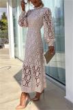 Beige Fashion Lantern Sleeve Embroidered Lace Long Skirt Dress