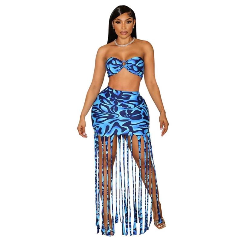 Blue Two Pieces Printed Sexy Tops Tassels Mini Skirt Sets