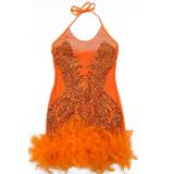 Orange Straps Mesh Sequins See Through Feather Evening Mini Dress