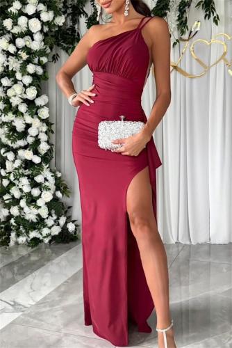 Claret Low Cut Fashion Women Slit Sexy Prom Maxi Dress