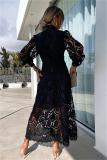 Black Fashion Lantern Sleeve Embroidered Lace Long Skirt Dress