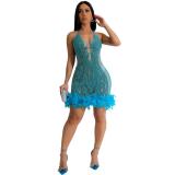 Blue Straps Mesh Sequins See Through Feather Evening Mini Dress