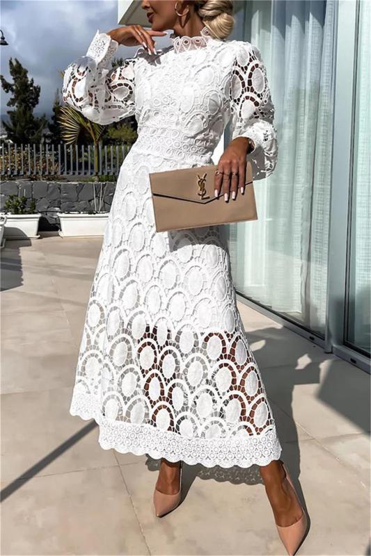 White Fashion Lantern Sleeve Embroidered Lace Long Skirt Dress