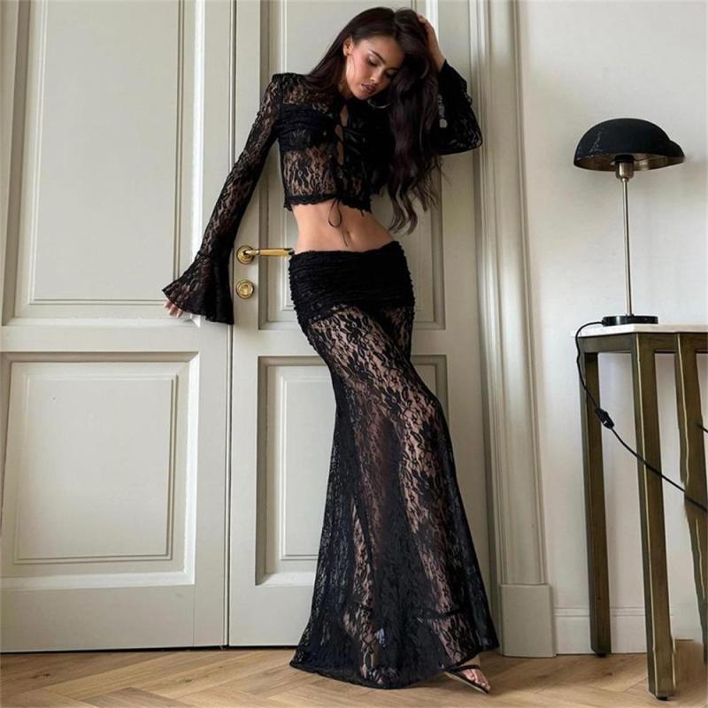 Black Lace Long Sleeve Fashion Versatile Sexy Two Pieces Skirt Sets