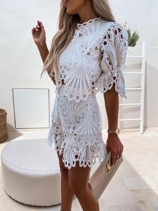 White Lace Embroidered Crop Tops Lacy Short Two Piece Sets