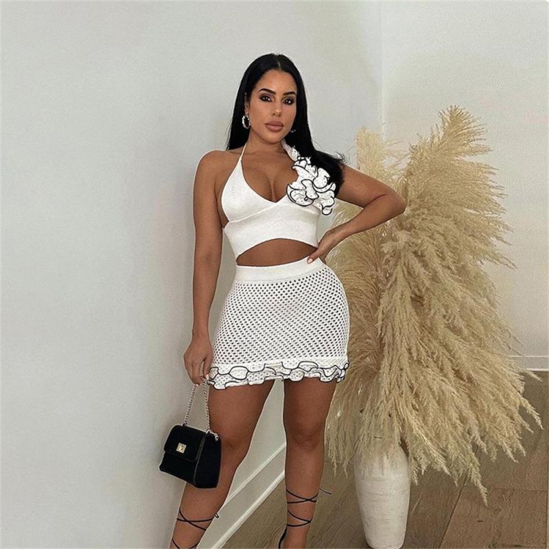 White Knitting Lacy Two Pieces Halter Crop Tops Sexy Skirt Dress Sets