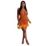 Orange Straps Mesh Sequins See Through Feather Evening Mini Dress