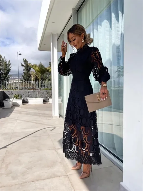 Black Fashion Lantern Sleeve Embroidered Lace Long Skirt Dress